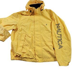 Nautica Jacket Mens Large Yellow Lightweight Hooded Sailing Windbreaker Spellout